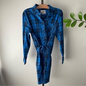 NEW BC Clothing Plaid Button Down Shirt Dress Blue Belted Grunge Size Large
